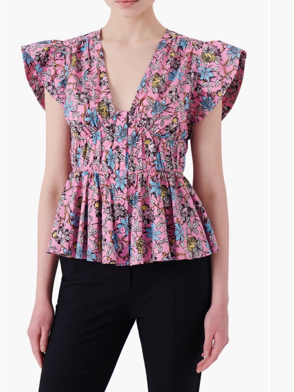 Derek Lam 10 Crosby Roselyn Ruffle Sleeve Plunge Neck Top